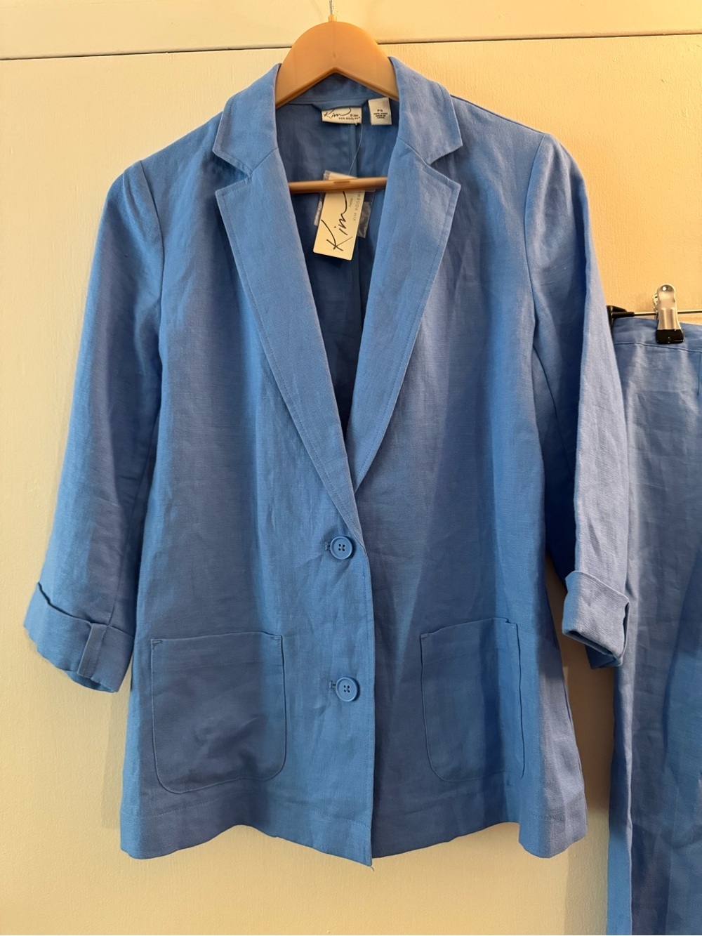 NWT Kim Rodgers Bright Blue Linen Relaxed Blazer + Cropped Linen Pants Set Small